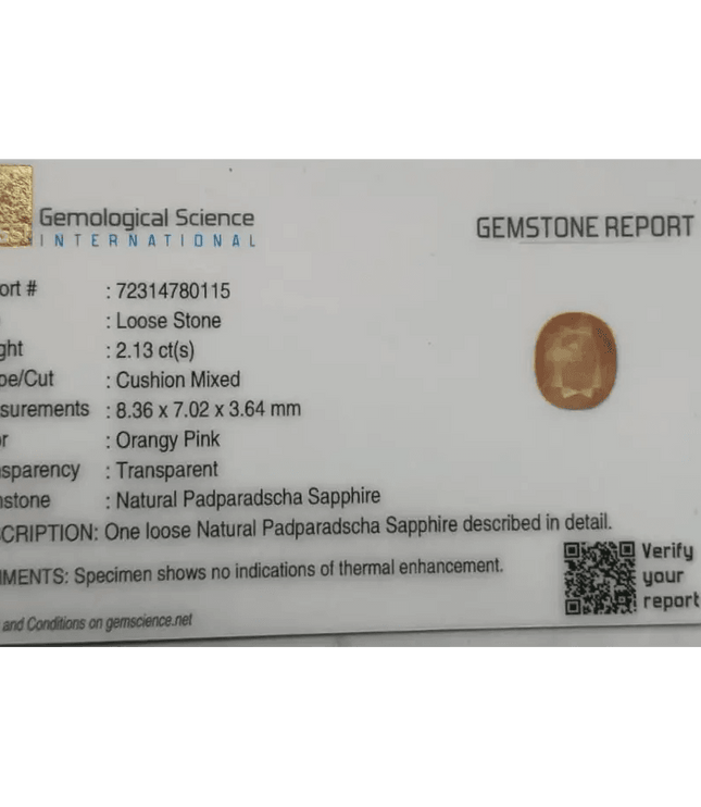 GSI Certified 2.13ct Ceylon Padparadscha Sapphire , Natural Earth Mined Gemstone - SMSGEMS 