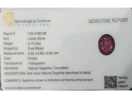 GSI Certified 2.13ct Purple Ceylon Sapphire , Natural Untreated Gemstone - SMSGEMS 
