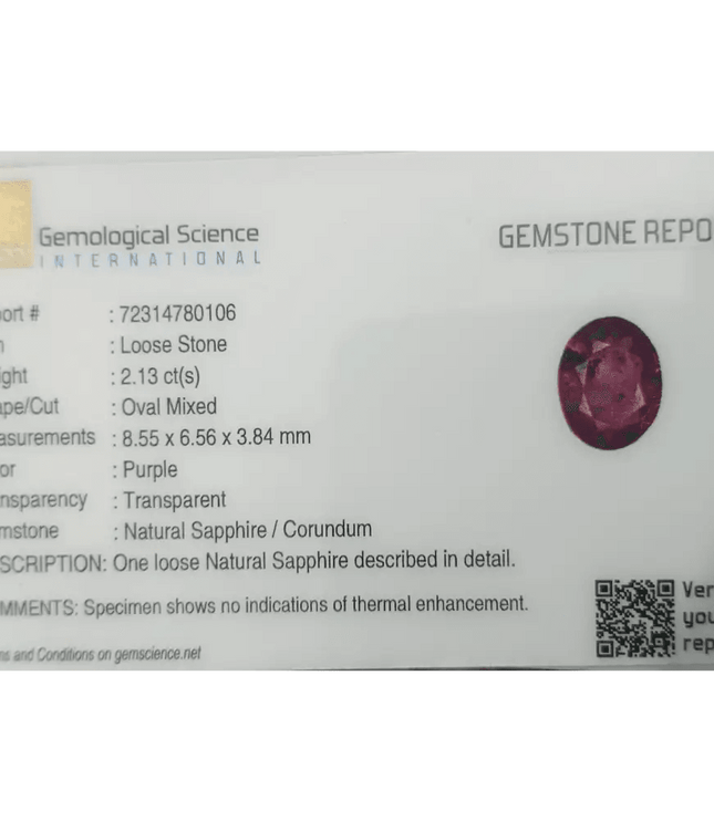 GSI Certified 2.13ct Purple Ceylon Sapphire , Natural Untreated Gemstone - SMSGEMS 