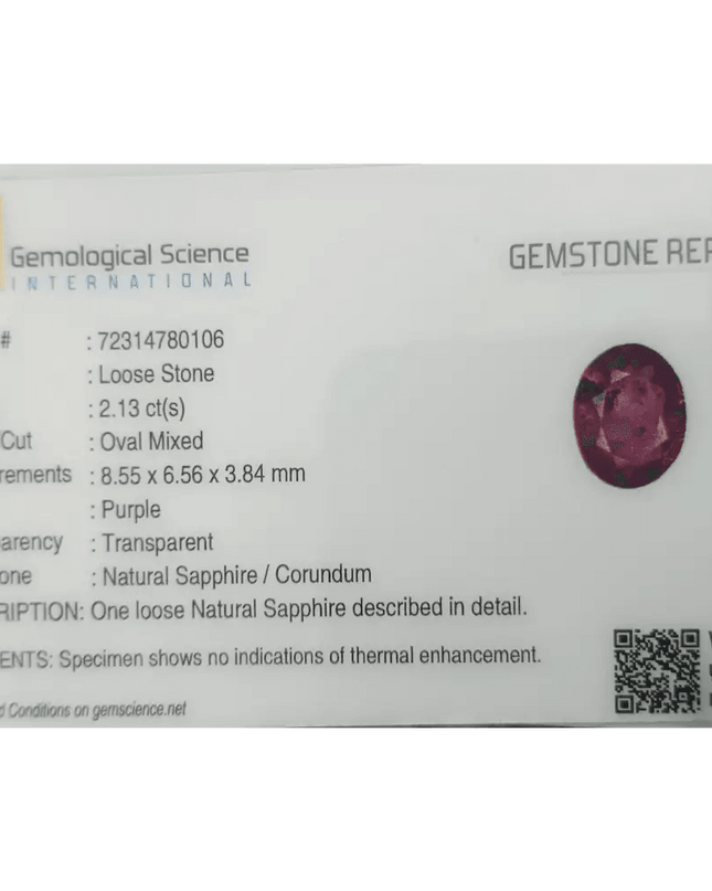 GSI Certified 2.13ct Purple Ceylon Sapphire , Natural Untreated Gemstone - SMSGEMS 