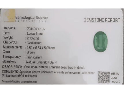 GSI Certified 2.16ct Medium Green Zambian Emerald, Natural Gemstone - SMSGEMS 