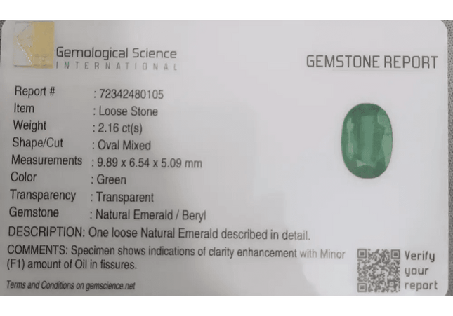 GSI Certified 2.16ct Medium Green Zambian Emerald, Natural Gemstone - SMSGEMS 