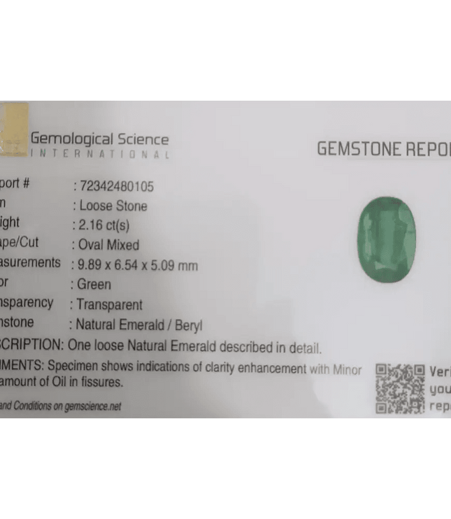 GSI Certified 2.16ct Medium Green Zambian Emerald, Natural Gemstone - SMSGEMS 