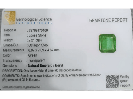 2.21ct Medium Golden Green GSI Certified Panjshir Emerald - SMSGEMS 