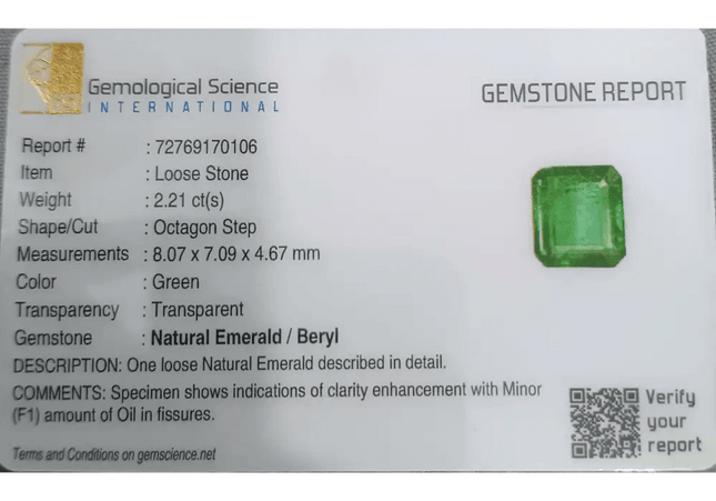 2.21ct Medium Golden Green GSI Certified Panjshir Emerald - SMSGEMS 