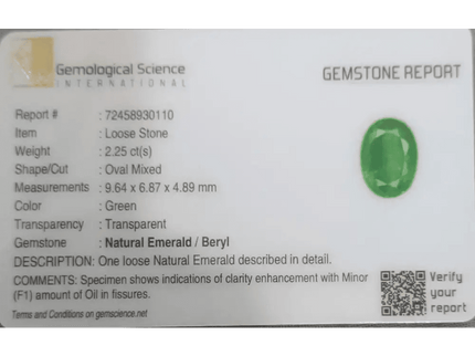 2.25ct Intense Medium Green Zambian Emerald certified by GSI - SMSGEMS 
