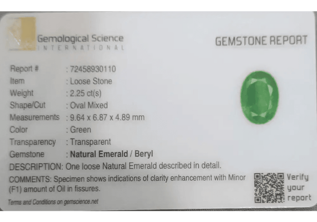 2.25ct Intense Medium Green Zambian Emerald certified by GSI - SMSGEMS 