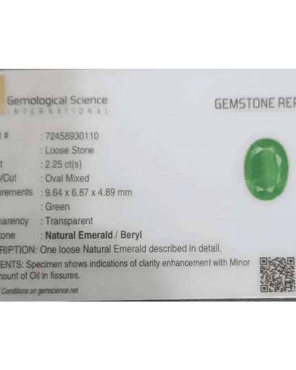 2.25ct Intense Medium Green Zambian Emerald certified by GSI - SMSGEMS 