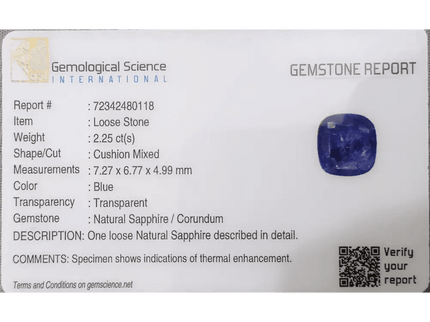 GSI Certified 2.25ct Royal Blue Ceylon Sapphire, Natural Gemstone - SMSGEMS 