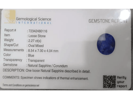 GSI Certified 2.27ct Blue Ceylon Sapphire, Natural Gemstone - SMSGEMS 