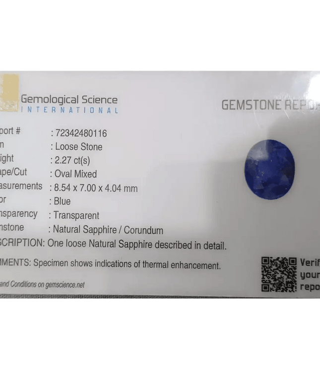 GSI Certified 2.27ct Blue Ceylon Sapphire, Natural Gemstone - SMSGEMS 