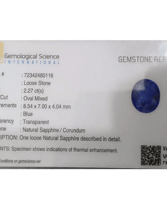 GSI Certified 2.27ct Blue Ceylon Sapphire, Natural Gemstone - SMSGEMS 