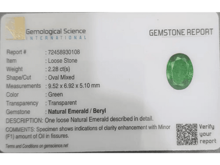 2.28ct Vivid Green Zambian emerald GSI Certified - SMSGEMS 