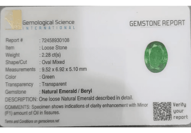 2.28ct Vivid Green Zambian emerald GSI Certified - SMSGEMS 
