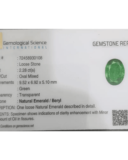 2.28ct Vivid Green Zambian emerald GSI Certified - SMSGEMS 