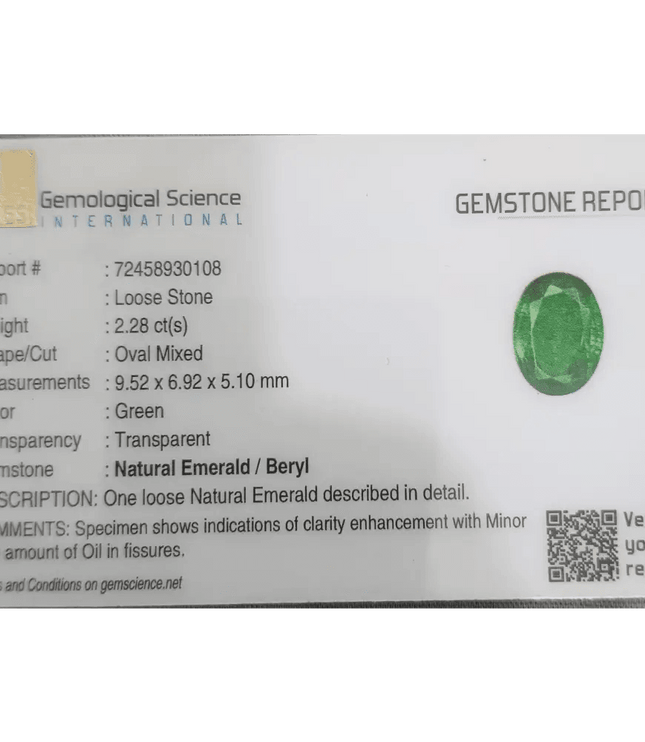 2.28ct Vivid Green Zambian emerald GSI Certified - SMSGEMS 