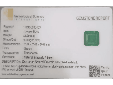 2.29ct Medium Deep Pure Green Emerald GSI Certified - SMSGEMS 