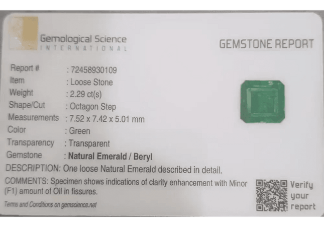 2.29ct Medium Deep Pure Green Emerald GSI Certified - SMSGEMS 