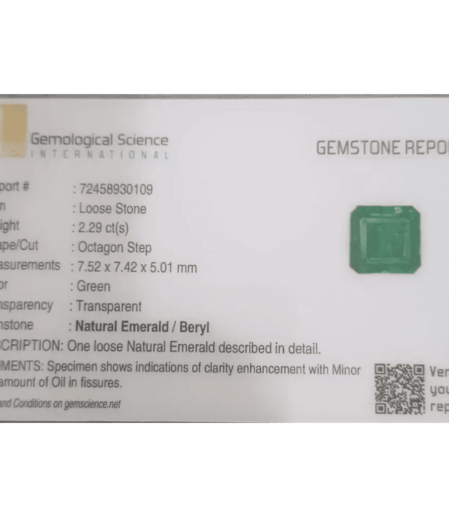 2.29ct Medium Deep Pure Green Emerald GSI Certified - SMSGEMS 