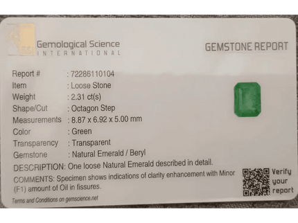 GSI Certified 2.31ct Vivid Green Ethiopian Emerald, 100% Natural Gem - SMSGEMS 