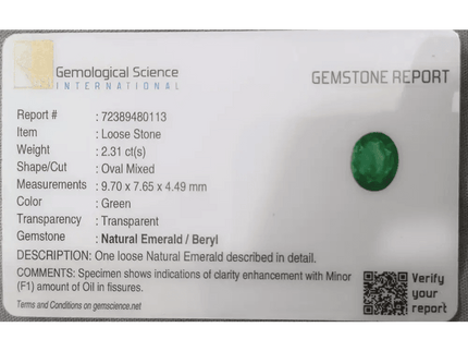 GSI Certified 2.31ct Vivid Medium Green Zambian Emerald, 100% Natural Gemstone - SMSGEMS 