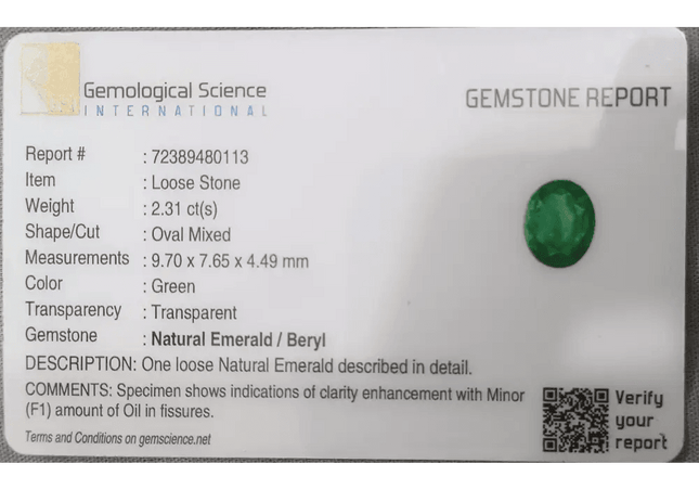 GSI Certified 2.31ct Vivid Medium Green Zambian Emerald, 100% Natural Gemstone - SMSGEMS 