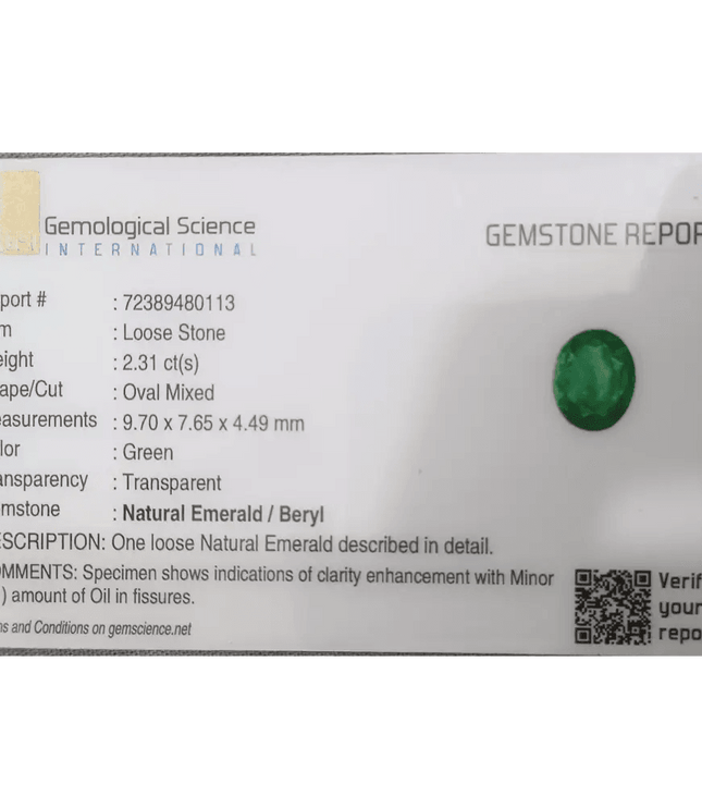 GSI Certified 2.31ct Vivid Medium Green Zambian Emerald, 100% Natural Gemstone - SMSGEMS 