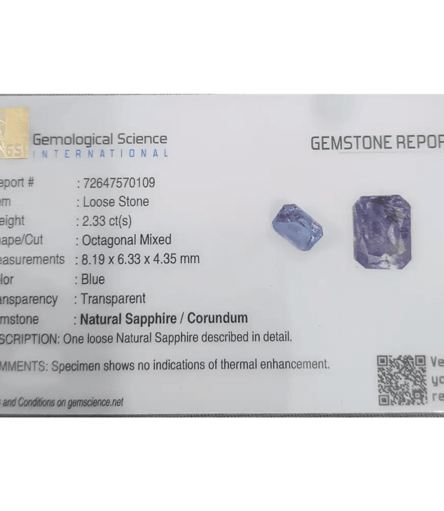 GSI Certified 2.33ct Blue Ceylon Sapphire Natural Untreated - SMSGEMS 