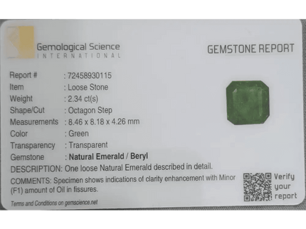 2.34ct Zambian Emerald GSI Certified - SMSGEMS 