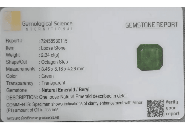 2.34ct Zambian Emerald GSI Certified - SMSGEMS 