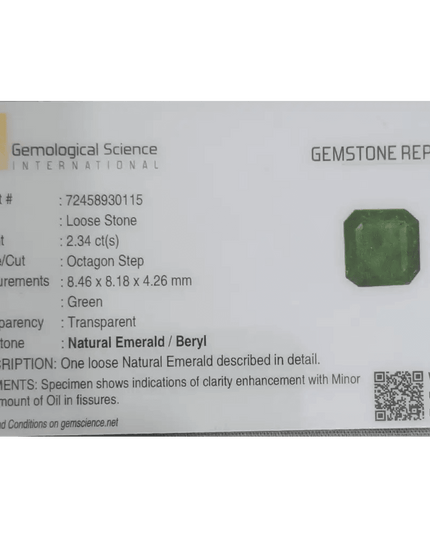 2.34ct Zambian Emerald GSI Certified - SMSGEMS 