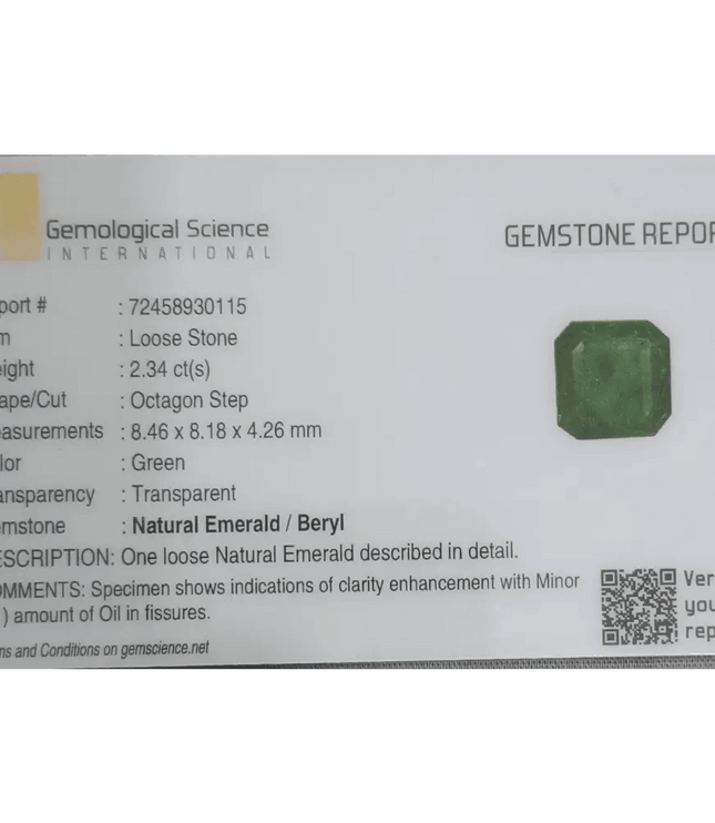 2.34ct Zambian Emerald GSI Certified - SMSGEMS 