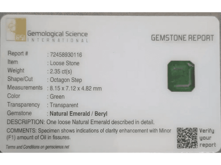 2.35ct Zambian Emerald GSI Certified - SMSGEMS 