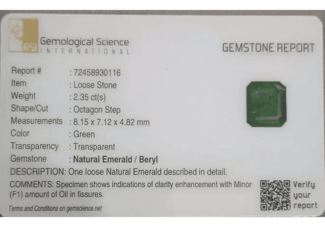2.35ct Zambian Emerald GSI Certified - SMSGEMS 