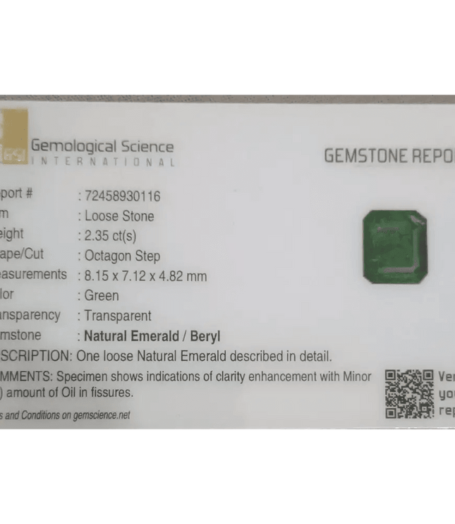 2.35ct Zambian Emerald GSI Certified - SMSGEMS 