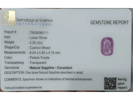 2.35ct GSI Certified Pink Purple Ceylon Sapphire - SMSGEMS 