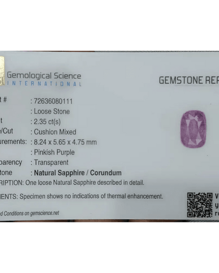 2.35ct GSI Certified Pink Purple Ceylon Sapphire - SMSGEMS 