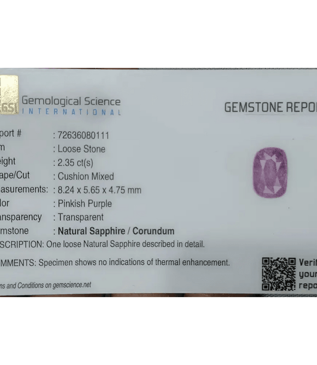 2.35ct GSI Certified Pink Purple Ceylon Sapphire - SMSGEMS 