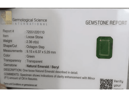 2.36ct Deep Green Zambian emerald GSI Certified - SMSGEMS 