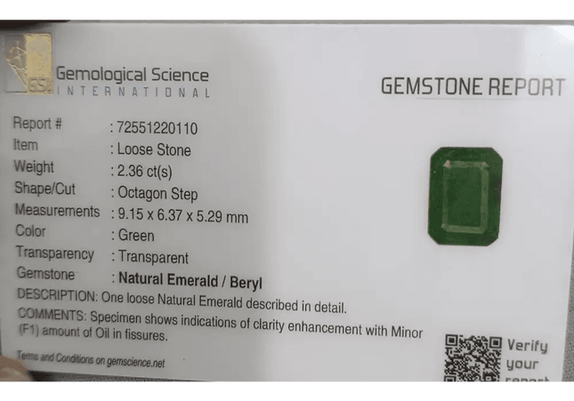 2.36ct Deep Green Zambian emerald GSI Certified - SMSGEMS 