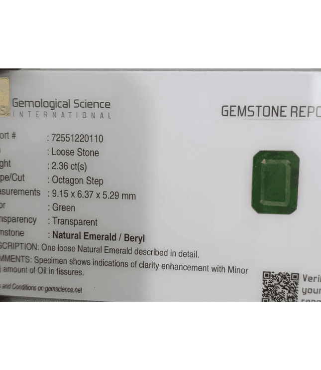 2.36ct Deep Green Zambian emerald GSI Certified - SMSGEMS 