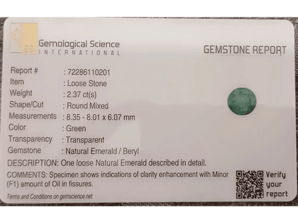 GSI Certified 2.37ct Colombiam Emerald, 100% Natural Gemstone - SMSGEMS 