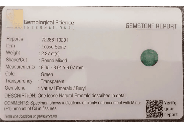 GSI Certified 2.37ct Colombiam Emerald, 100% Natural Gemstone - SMSGEMS 