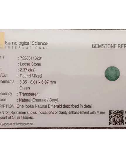 GSI Certified 2.37ct Colombiam Emerald, 100% Natural Gemstone - SMSGEMS 