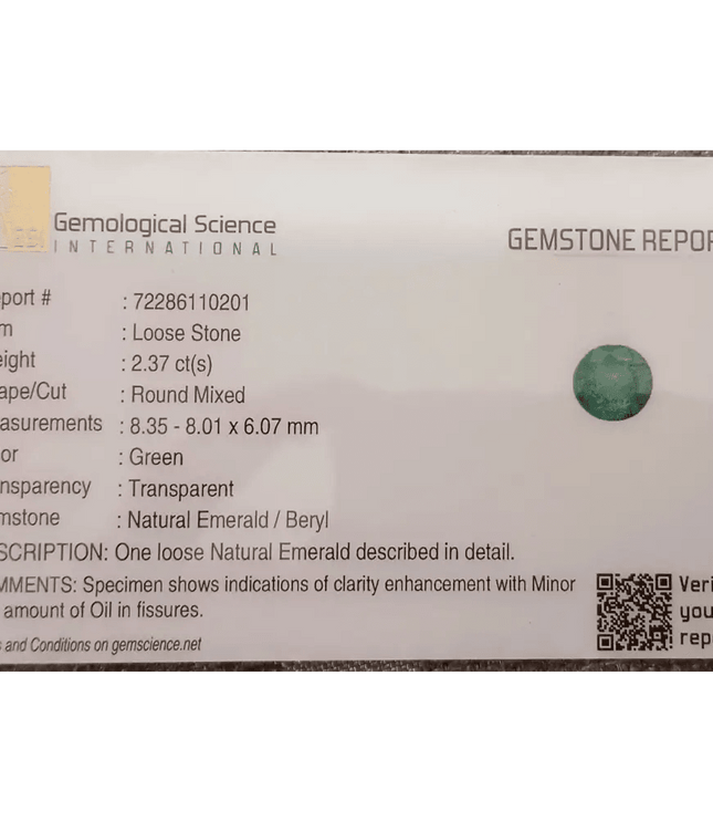 GSI Certified 2.37ct Colombiam Emerald, 100% Natural Gemstone - SMSGEMS 