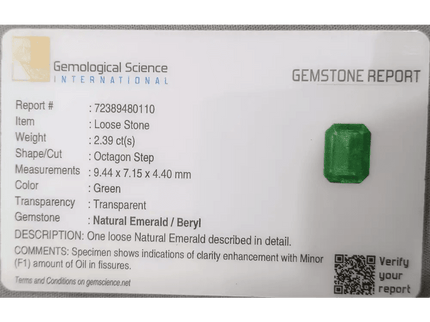 2.39ct Fine Quality Panjshir Emerald Certified by GSI - SMSGEMS 