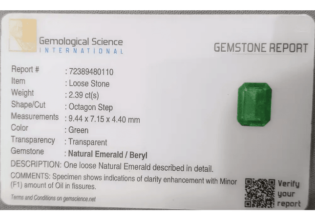 2.39ct Fine Quality Panjshir Emerald Certified by GSI - SMSGEMS 