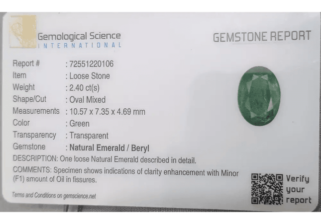 2.40ct Natural GSI Certified Russian Emerald - SMSGEMS 