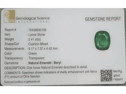 2.41ct Zambian Emerald GSI Certified - SMSGEMS 
