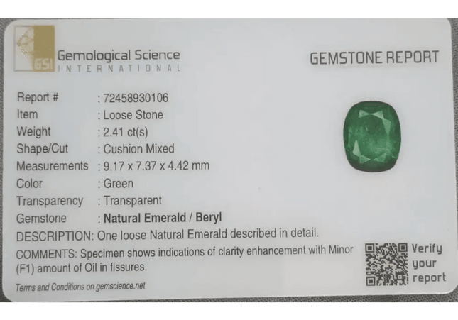 2.41ct Zambian Emerald GSI Certified - SMSGEMS 
